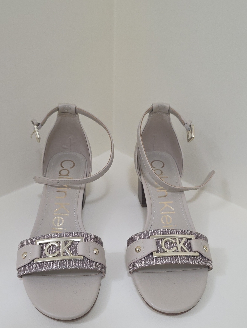 Calvin Klein Light Beige Ankle-Strap Block Heel Sandals